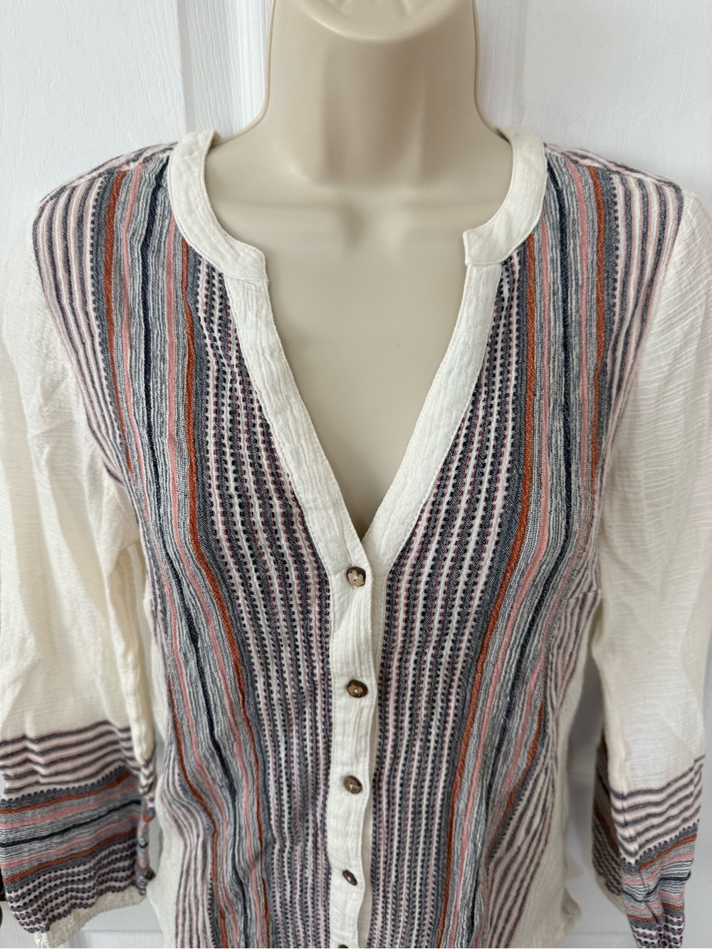 Liverpool Los Angeles Cream Boho Stripe Button Front Peasant Blouse XS - Picture 5 of 14